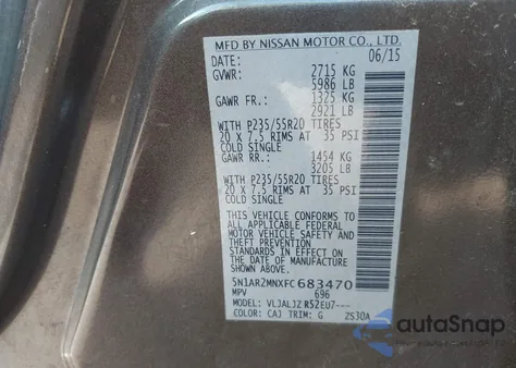 2015 Nissan Pathfinder Platinum z USA, uszkodzony, nr VIN 5N1AR2MNXFC683470